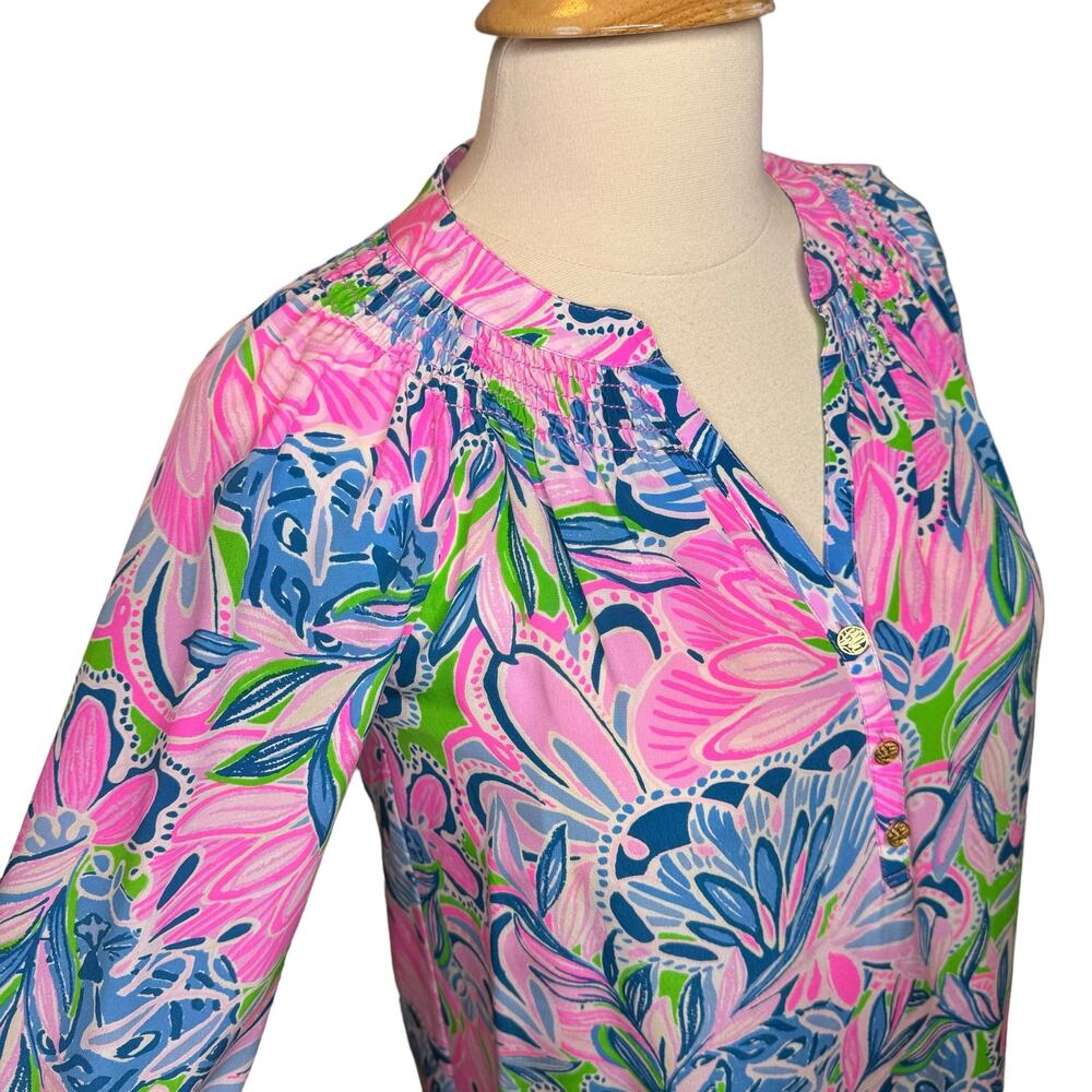 Lilly Pulitzer Elsa Silk Long Sleeve Top Gecko Green Tiger Sunrise Size Small - Picture 8 of 14